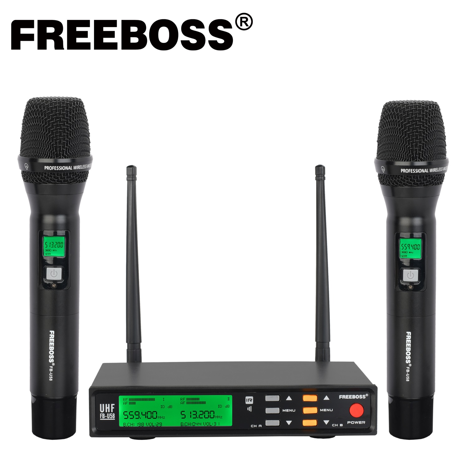Freeboss FB-U58 UHF 2*200   ļ, ݼ ޴ LCD ũ, Ʈ ɼ, ECHO  EQ Effec ũ ý, DJ